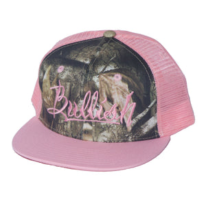 Light Pink & Forest Camo: 6-Panel, Embroidered Bullish Logo, Contrast trucker mesh, Retro flat bill, Insulated rear panel mesh, Snapback closure, One size fits all, 50% Cotton & 50% Nylon